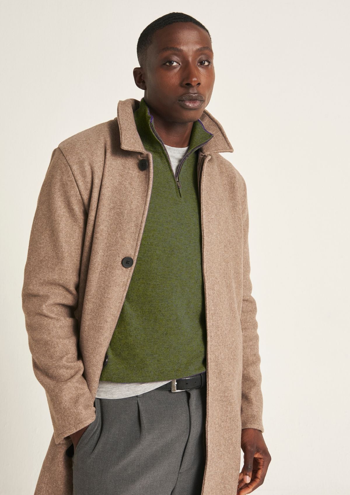 Mens Cashmere Half Zip Sweater in Bayleaf Green