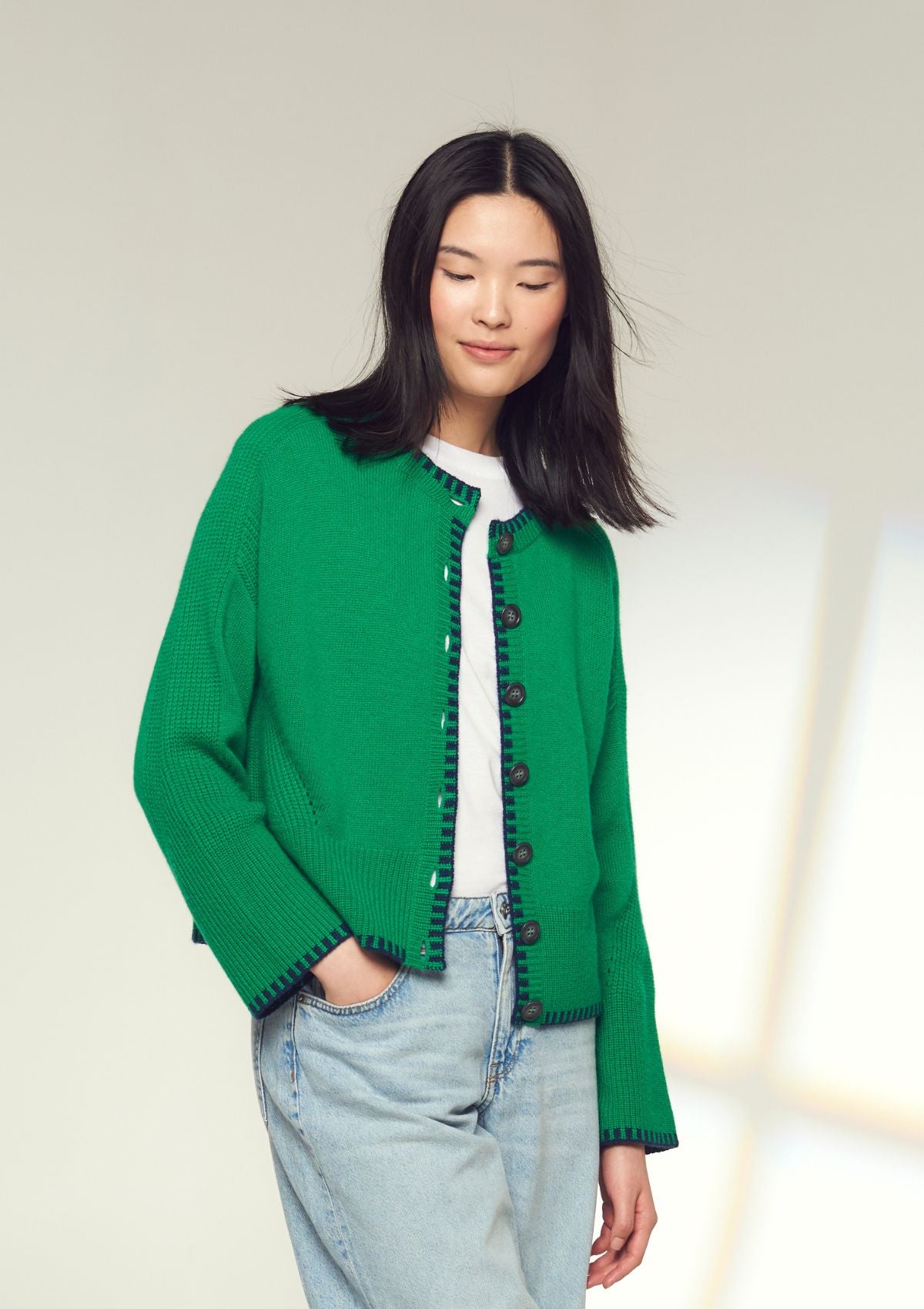 Cashmere Blanket Stitch Cardigan in Billiard Green